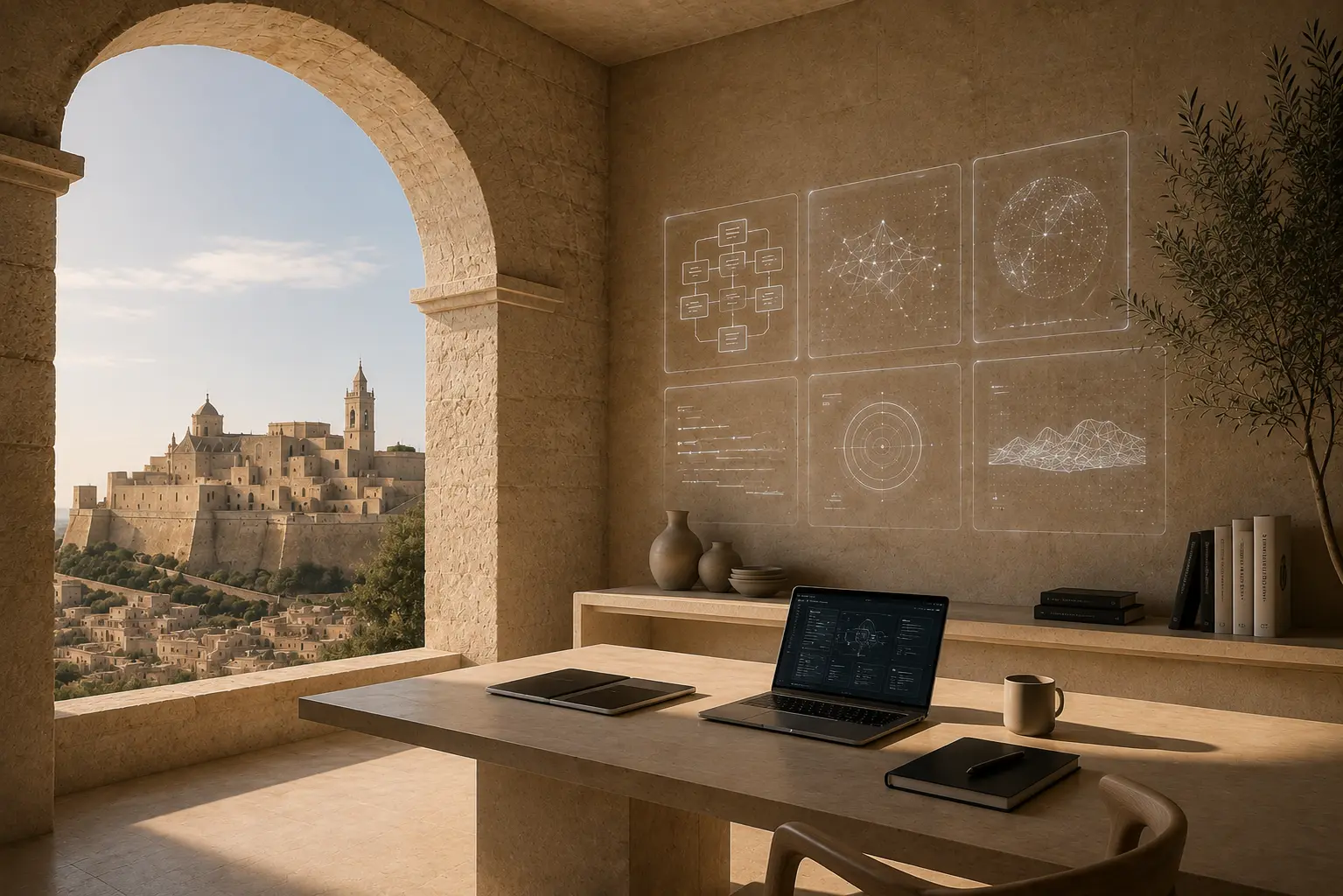 Modern Gozo-inspired workspace representing Gaulos Studios websites, AI automation and digital innovation